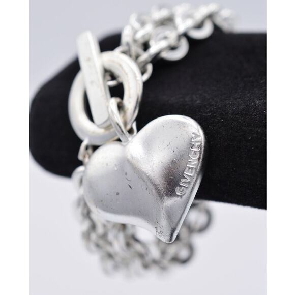 Givenchy Vintage Heart Charm Bracelet Logo Chain Brushed Silver Toggle 80s Bin6 - Picture 3 of 12